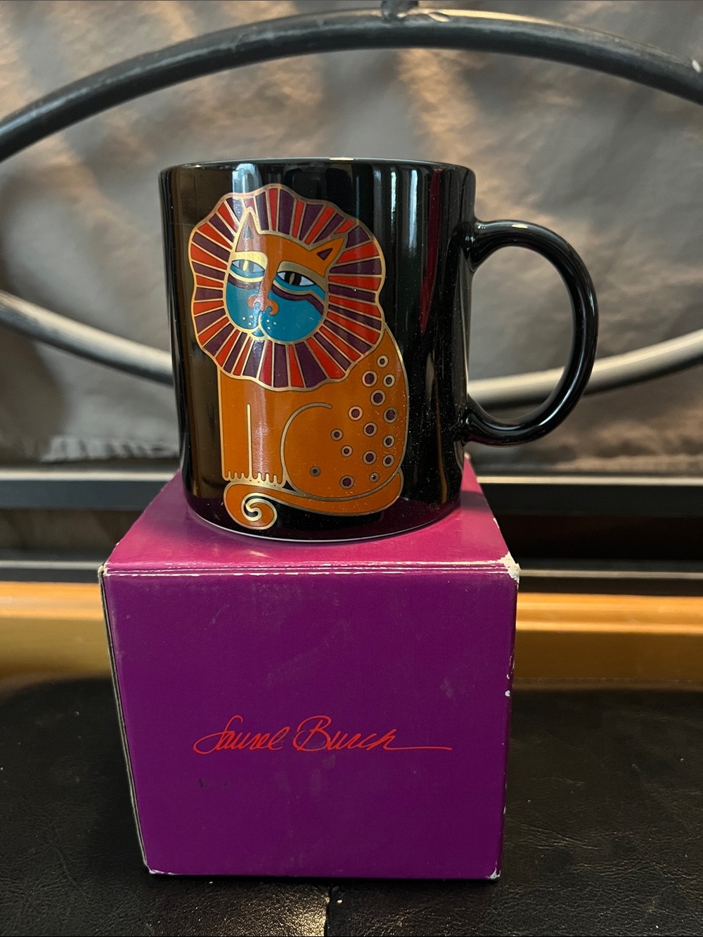 Laurel Burch Black Mug with Orange, Teal and Purple Lion